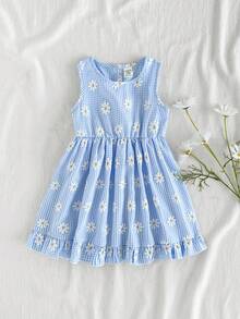 SHEIN Vintaside Kids 1 pieza Vestido de verano a rayas para niñas, ambiente dulce y suave con degradado de color, patrón de rayas clásico simple pero elegante, decoración de lazo en la espalda alegre y llamativa, corte holgado cómodo, adecuado para paseos al aire libre, tiempo de ocio en casa, salidas familiares, fiestas y otras ocasiones alegres - Azul - Ver 2
