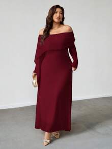 Firerie 大码女式优雅休闲度假约会派对下午茶精致迷人ins风时尚褶皱露肩披肩不对称下摆弹力长袖连衣裙 - 酒紅色 - 查看 1