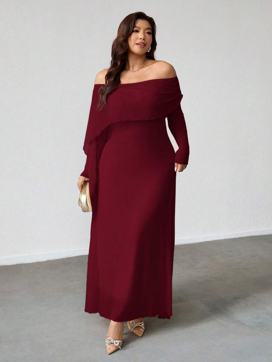 Firerie 大码女式优雅休闲度假约会派对下午茶精致迷人ins风时尚褶皱露肩披肩不对称下摆弹力长袖连衣裙 - 酒紅色 - 查看 1