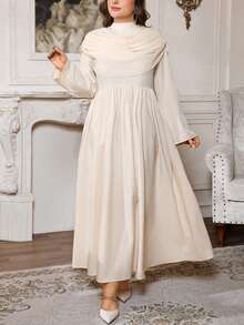 Firerie Plus Size Women's Solid Color Pleated Collar Long Sleeve Elegant Dress Dress Modest Long Cream Dress Beige Dress For Women - Apricot - View 6