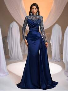 Aureia Elegant Sequin Patchwork Satin Formal Evening Gown, Navy Blue (Heavily Embellished) - Royal Blue - View 6