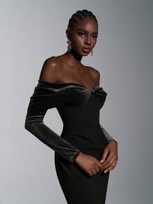 Elitara Women's Elegant Wine Red Off Shoulder Long Sleeve Evening Dress,Knitted Elastic Velvet Patchwork Fishtail Hem Trailing Wedding Bridesmaid Gown - Black - View 5