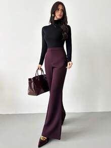 Firerie 女士复古性感商务休闲纯色喇叭裤，优雅高腰，独特职业长裤，复古风格工作服 - 中紫紅色 - 查看 3