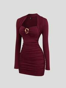 Sweetra 大码女士优雅派对鸡尾酒礼服，酒红色，金属装饰，修身短款连衣裙 - 酒紅色 - 查看 1