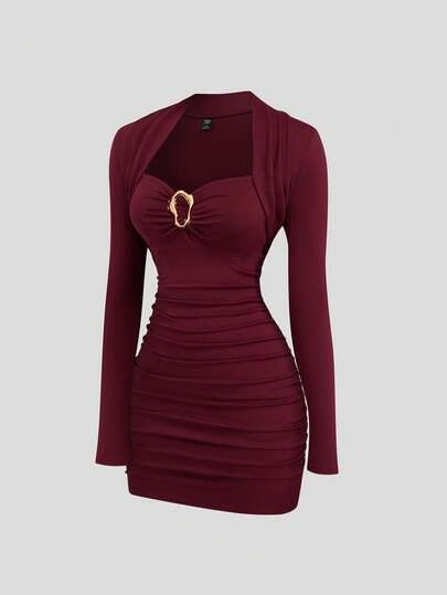 Sweetra Plus Size Damklänning Elegant Festklänning Cocktailklänning, Vinröd, Metalldekor, Kort Bodysuitklänning