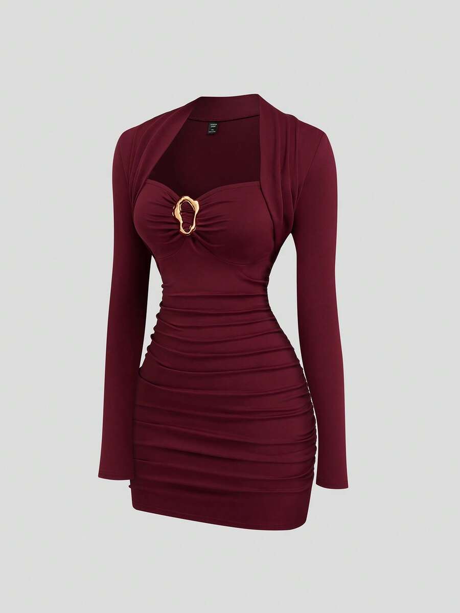 Sweetra 大码女士优雅派对鸡尾酒礼服，酒红色，金属装饰，修身短款连衣裙 - 酒紅色 - 查看 1