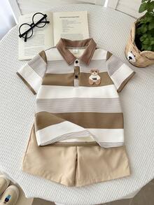 LMoss Kids LMoss   Young Boy Striped Print Short Sleeve Polo Shirt And Solid Color Shorts Set - Multicolor - View 5