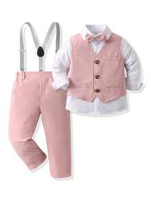 男童三件套绅士西装，包括领结、白色衬衫、酒红色马甲和可调节条纹背带裤。时尚套装，适合正式场合、派对、婚礼、万圣节、圣诞节、感恩节和休闲穿着。 - 粉色 - 查看 3