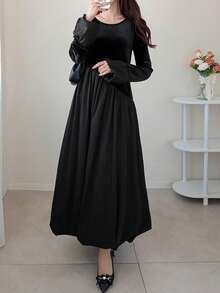 FRIFUL Women's Velvet Patchwork Bodycon Waist A-Line Dress - Black - View 3