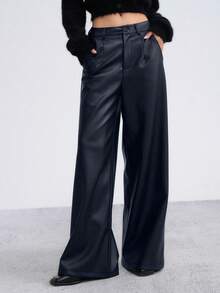 DAZY Pantalones anchos de cintura baja y sueltos de cuero sintético de moda casual y versátil para mujer - Azul Marino - Ver 4