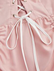 Sweetra Valentine Plus Size Romantic Square Neck Criss-Cross Tie Waist Ruched Hem Dress - Pink - View 7