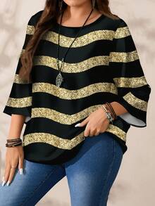 EMERY ROSE Plus Size Women Casual All-Over Print Round Neck Loose 3/4 Sleeve Shirt, Autumn/Winter Spring - Multicolor - View 8