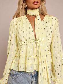 Glamine French Elegant Gold Foil Print Blouse, Removable Ruffled Hem, Spring Autumn Casual Women's Yellow Elegant Shirt For Daily Outings Cute Blouses For Women Tie Front Blouse Light Yellow Top Yellow Blouses Ruffle Blouse - Yellow - View 6