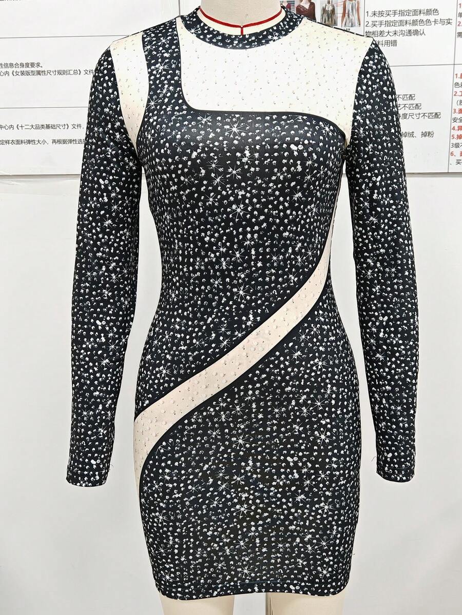 Chiquease 性感圓領長袖緊身印花連身裙 - 黑色 - 查看 1