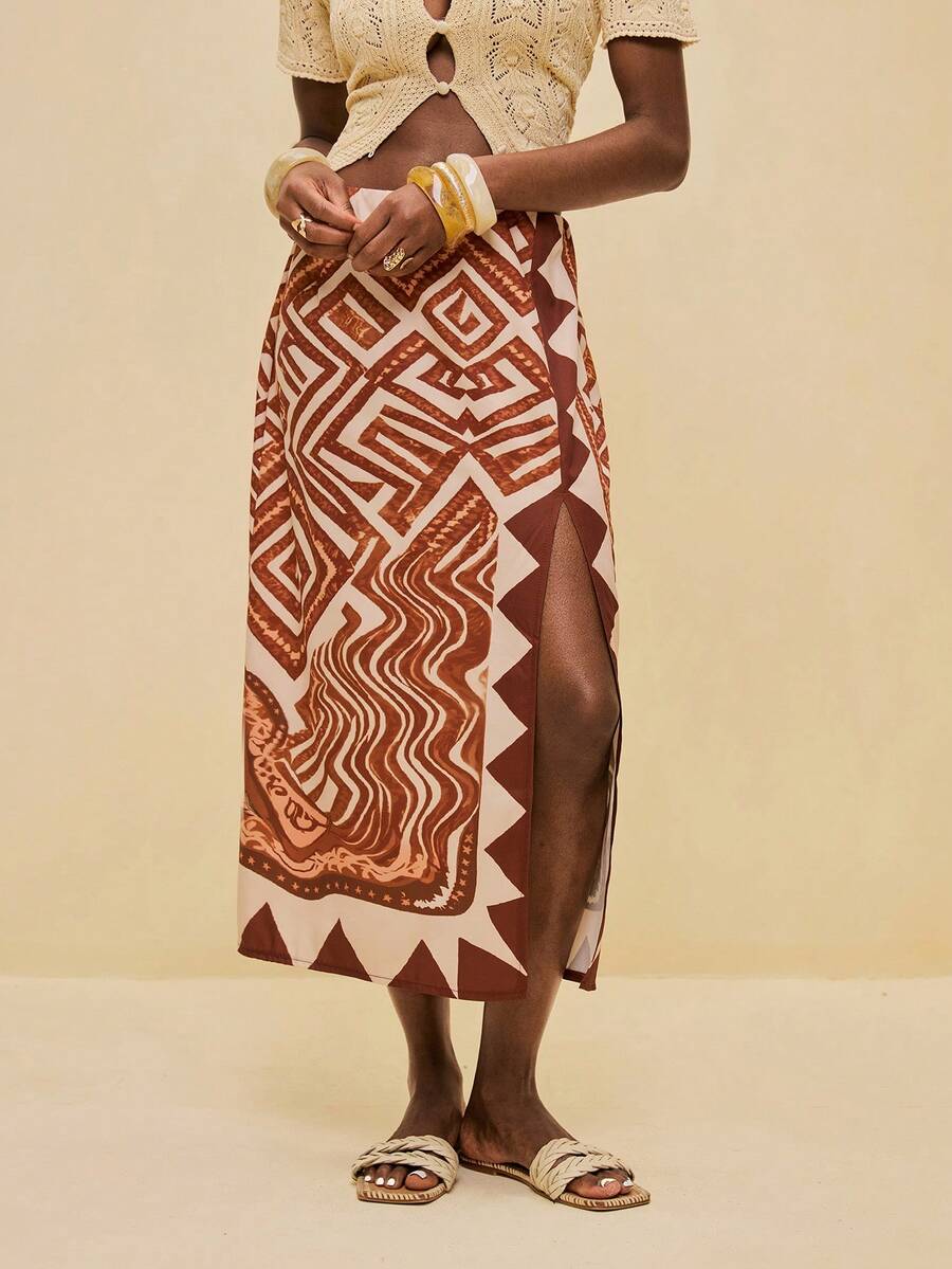 Vesra All-Over Print High Slit Skirt, Suitable For Party & Holiday - Brown - View 1