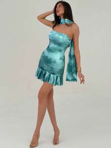 Aloruh Đầm ngắn cúp ngực thanh lịch dành cho nữ, họa tiết nhuộm tie-dye, viền bèo nhún, thích hợp cho kỳ nghỉ biển. - Nhiều màu - Xem 7