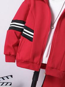 SHEIN Explorewe 男童连帽长袖外套套装（含裤子）2件套 - 紅色 - 查看 4