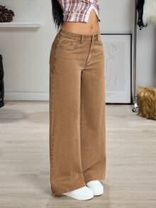 SHEIN ICON Quần jean ống rộng đơn sắc, thường ngày, đa năng, có túi - màu nâu - Xem 4