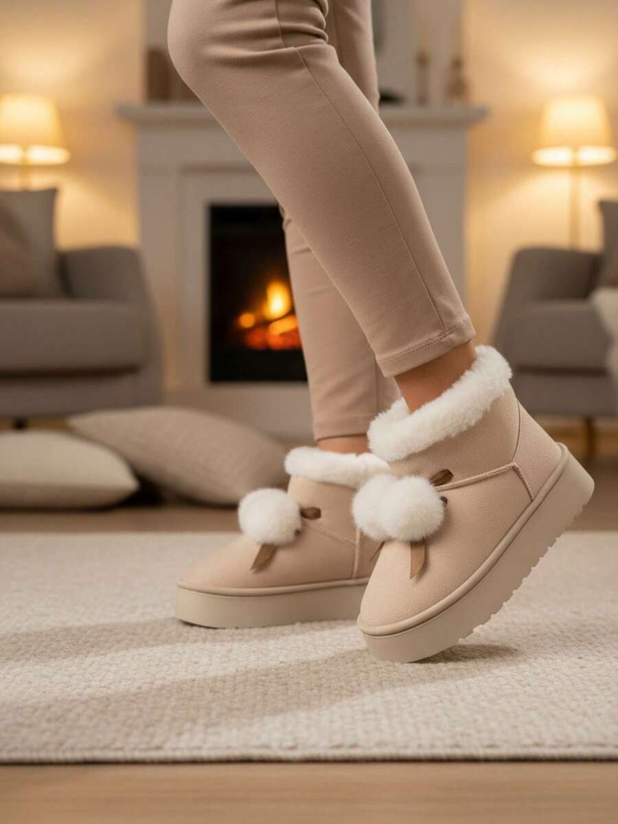 Botas de nieve retro de felpa para mujer 2025 otoño nuevos zapatos de algodón de moda de suela gruesa botas casuales versátiles - Beis - Ver 1