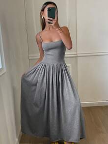 DAZY 女士纯色A字无袖连衣裙，优雅休闲针织连衣裙，适合春秋季穿着 - 灰色 - 查看 3