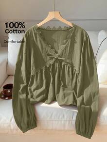 Comfortcana Áo cánh ren trơn đa năng thường ngày dành cho nữ - xanh quân đội - Xem 6
