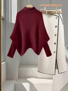GlowEve Women's High Neck Asymmetrical Poncho Loose Sweater, Elegant Navy Blue, Batwing Sleeve, Fashionable & Versatile, Autumn/Winter - Burgundy - View 2