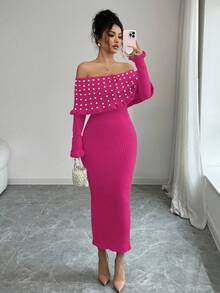 Rafferiza Đầm len nữ màu trơn tay dài, thắt nơ, ôm sát, hở vai, kiểu Pháp thanh lịch, đính ngọc trai giả, hở vai, cổ áo ve rộng, đầm maxi len mùa thu/đông, đầm len đi học, lễ hội âm nhạc, Giáng sinh, đầm cổ tích, đầm dự tiệc cưới mùa thu. - Màu Hồng Tươi - Xem 4