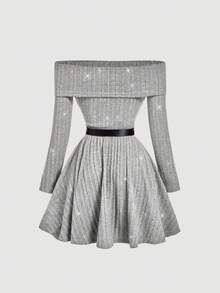 SHEIN MOD Váy ngắn hở vai màu đỏ rượu vang thắt eo - Xám - Xem 2