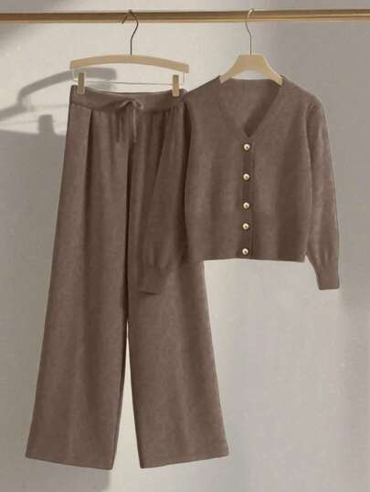 Franclia 2pcs/Set Women Casual Loose Knit Sweater & Pants Loungewear Set, Comfortable & Minimalist Design