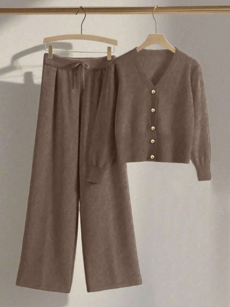 Franclia 2pcs/Set Women Casual Loose Knit Sweater & Pants Loungewear Set, Comfortable & Minimalist Design - Rust Brown - View 1