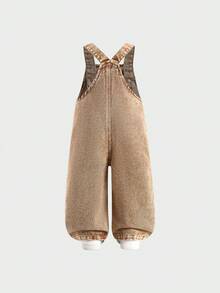 SHEIN Washed Denim Bib Pants For Baby Girls, Floral Print Loose Jumpsuit - Khaki - View 2