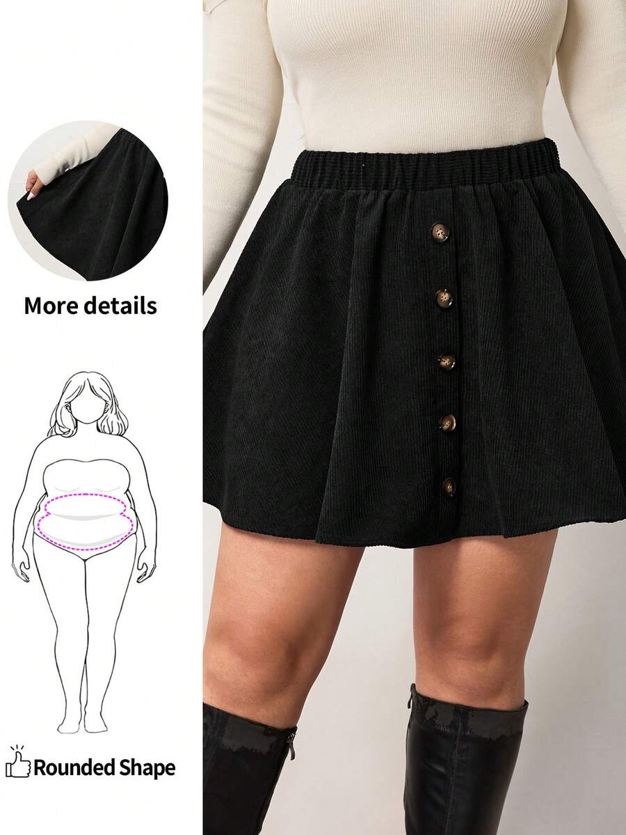 Enliva Rok Wanita Ukuran Besar Kasual Warna Polos dengan Pinggang Elastis, Cocok untuk Bentuk Tubuh Bulat, Sesuai untuk Musim Gugur, Musim Dingin, untuk Bentuk Tubuh Apel & Bulat - Hitam - View 1
