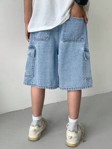 SHEIN Tween Jungen Mode Lässig Y2K Vintage Cool Workwear Taschen Design Merkmale blaue locker und bequeme Workwear Jeans Shorts, weiche Alltagskleidung für Sommer und Frühling, Rave Festival und Strand - Helle Waschung - Übersicht 2