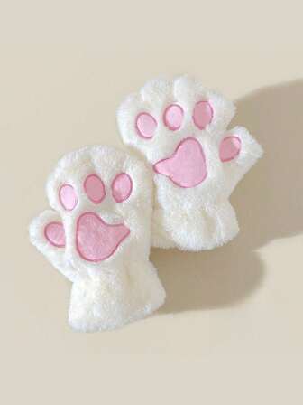 Kawaii Süße Cartoon Katzenpfoten bestickte fingerlose Handschuhe, warme Plüsch Halbfingerhandschuhe für Cosplay, lässige Outdoor-Nutzung im Herbst/Winter