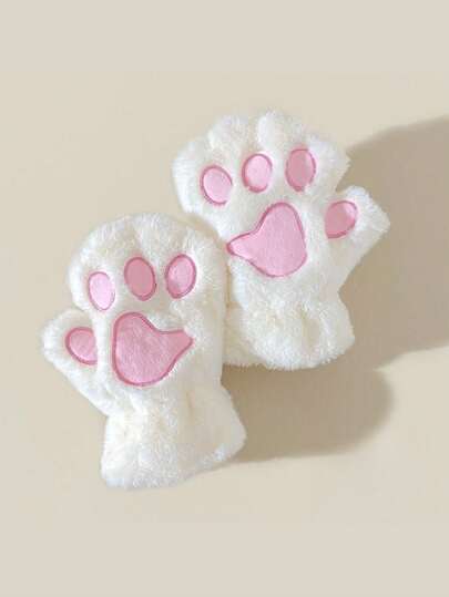 Kawaii Guantes sin dedos con bordado de pata de gato de dibujos animados, guantes cálidos y esponjosos de medio dedo para cosplay, uso casual al aire libre en otoño/invierno