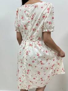 Breezaya Summer Heart-Shaped Neck Floral Print Holiday Style Short Sleeve Dress - Apricot - View 2