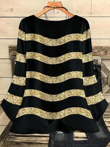 EMERY ROSE Plus Size Women Casual All-Over Print Round Neck Loose 3/4 Sleeve Shirt, Autumn/Winter Spring - Multicolor - View 5