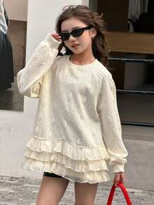 DAZY 女童圆领针织网眼拼接卫衣，秋季款 - 米色 - 查看 6