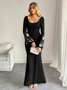 SHEIN Tall Women's Fashionable Black Dress With Generous Collar - Black - View 2