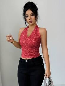 Elenzga Atasan Camisole Tanpa Lengan Leher V Berhiaskan Payet Merah Muda Cerah untuk Wanita, Gaun Pesta Rave Malam Klub Techno Musim Panas, Pinggang Berkerut dengan Cincin Logam yang Elegan - Merah - View 5