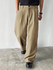 Manfinity Hypemode Casual Pocketed Wide Leg Thick Pants For Men, Autumn - Khaki - View 6