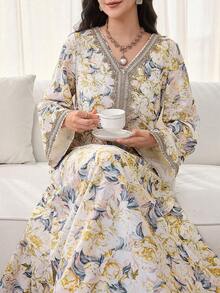 Al Najma Đầm dài tay in hoa, phối ren móc, kiểu dáng kín đáo, thanh lịch, kiểu Kaftan và Jalabiya dáng chữ A, thích hợp cho tiệc tối/đám cưới/kỷ niệm/mặc hàng ngày. - Nhiều màu - Xem 1