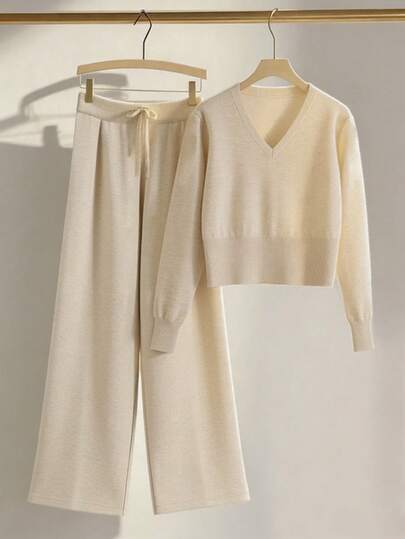 SHEIN Franclia New Spring/Autumn Loose High-Waisted Flared Leg Pants With Drawstring Waist, Paired With Fitted Crew Neck Long Sleeve Knit Sweater, Minimalist Casual Outfit, Khaki Knit Two Piece Set Cream Two Piece Set Beige Two Piece Set Comfortable Two Piece Set 2 Piece Set 2 Piece Dress Set