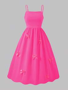 Teen Girl Elegant Lovely Bow Sleeveless Camisole Mini Dress, Pink Waisted Dress, Suitable For Summer And Spring Wear, Suitable For Outings, Parties And Vacations Pink Clothes Pink Bow Dress Dress With Bows Bow Dress Pink Set - Hot Pink - View 3