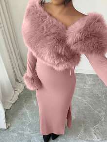 Modelyn Women's Elegant Off Shoulder Patchwork Faux Fur Collar Long Dress, Winter - Dusty Pink - View 3