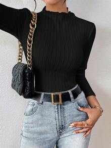 SHEIN Frenchy 92% Cotton Ribbed Turtleneck Long Sleeve Slim Fit T-Shirt For Women, Black Spring Turtle Neck Top - Black - View 6