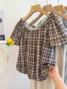 Franclia Women's Spring/Summer New Plaid Off-Shoulder Ruffle Trim Round Neck Short Sleeve Slim Cute Blouse - Multicolor - View 1