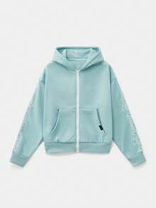 Manfinity Unisex Men's Knitted Casual Loose Fit English Embroidered Long Sleeve Zip Up Hoodie, Fall, Winter, Couple Things - Mint Green - View 3