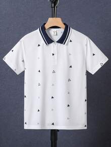 SHEIN 男童几何印花撞色休闲短袖Polo衫 - 白色 - 查看 3