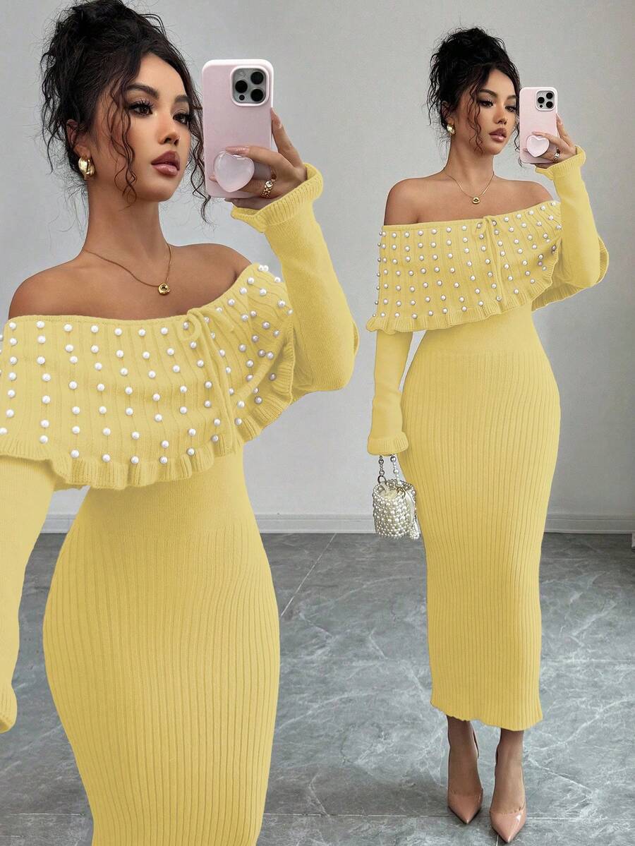 Rafferiza Women's Solid Color Bow Tie Long Sleeve Elastic Fitted Off-Shoulder Sweater Dress, French Elegant Pearl Decor Off-Shoulder Big Lapel Knit Dress, Autumn/Winter Knit Maxi Dress, Back To School Sweater Dress, Music Festival, Christmas, Fairy Dress, Autumn Wedding Guest Dress - Light Yellow - View 1